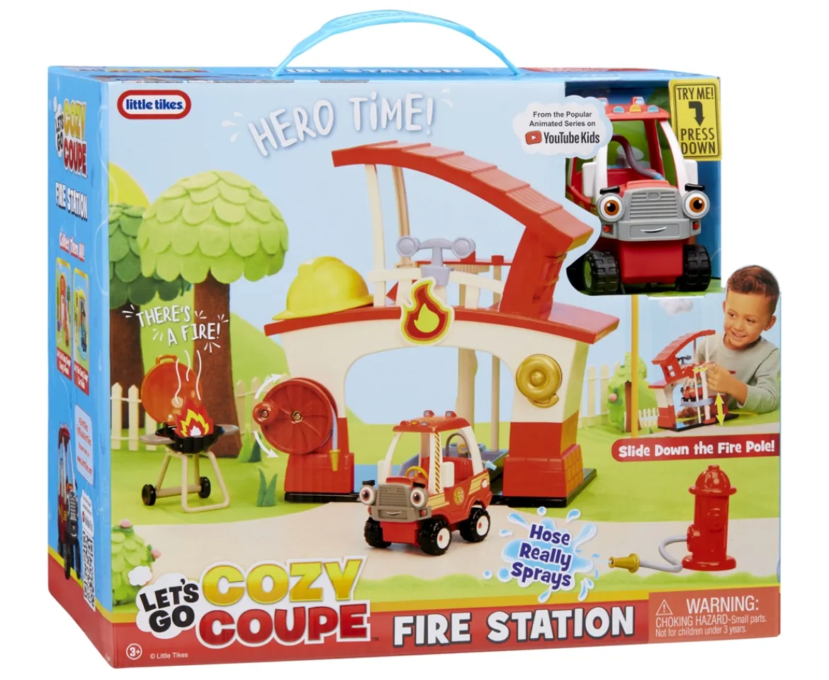 Ken Black Let’s Go Cozy Coupe™ Fire Station Playset with Fire Truck Mini Push and Play Vehicle for Tabletop or| Preschool & Electronic Learning