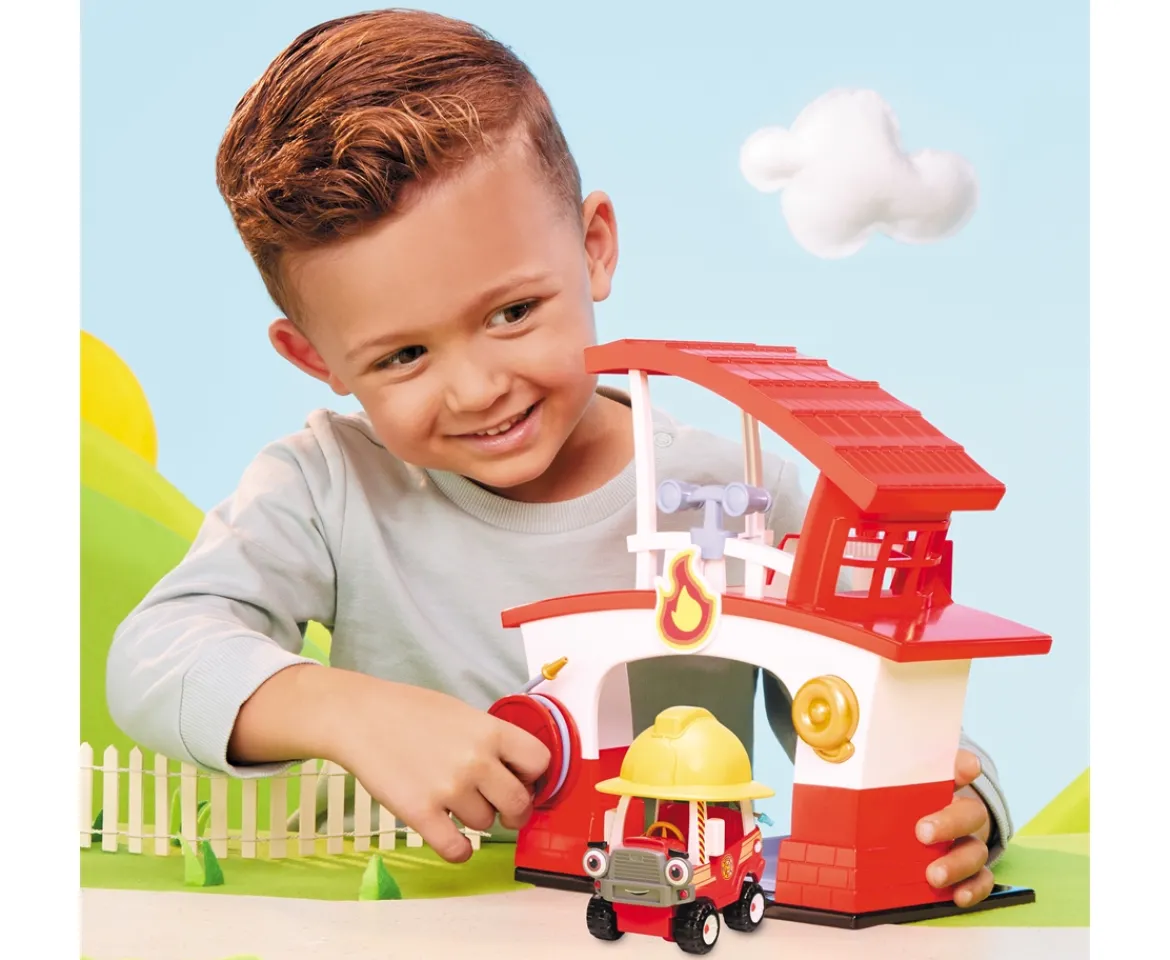Ken Black Let’s Go Cozy Coupe™ Fire Station Playset with Fire Truck Mini Push and Play Vehicle for Tabletop or| Preschool & Electronic Learning